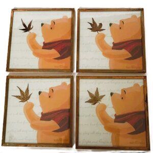 SIMPLY POOH Metal & Glass Coasters Set of 4 Fall Design 4 inch Square NEW